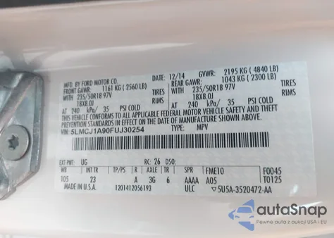 2015 Lincoln Mkc z USA, uszkodzony, nr VIN 5LMCJ1A90FUJ30254